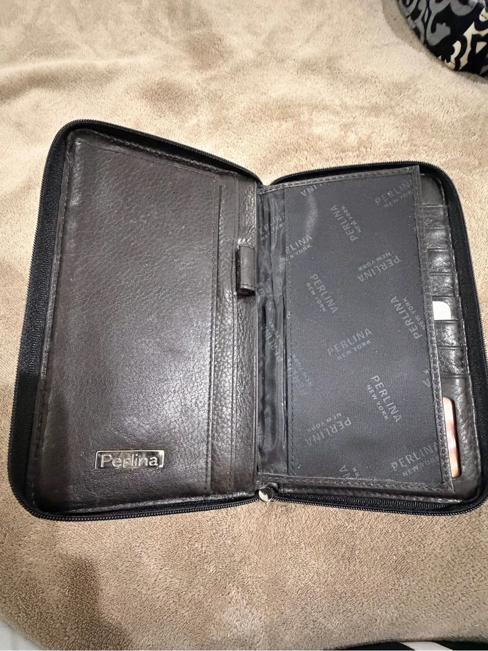 Perlina Black Leather Zip-Around Wallet with Metal Logo